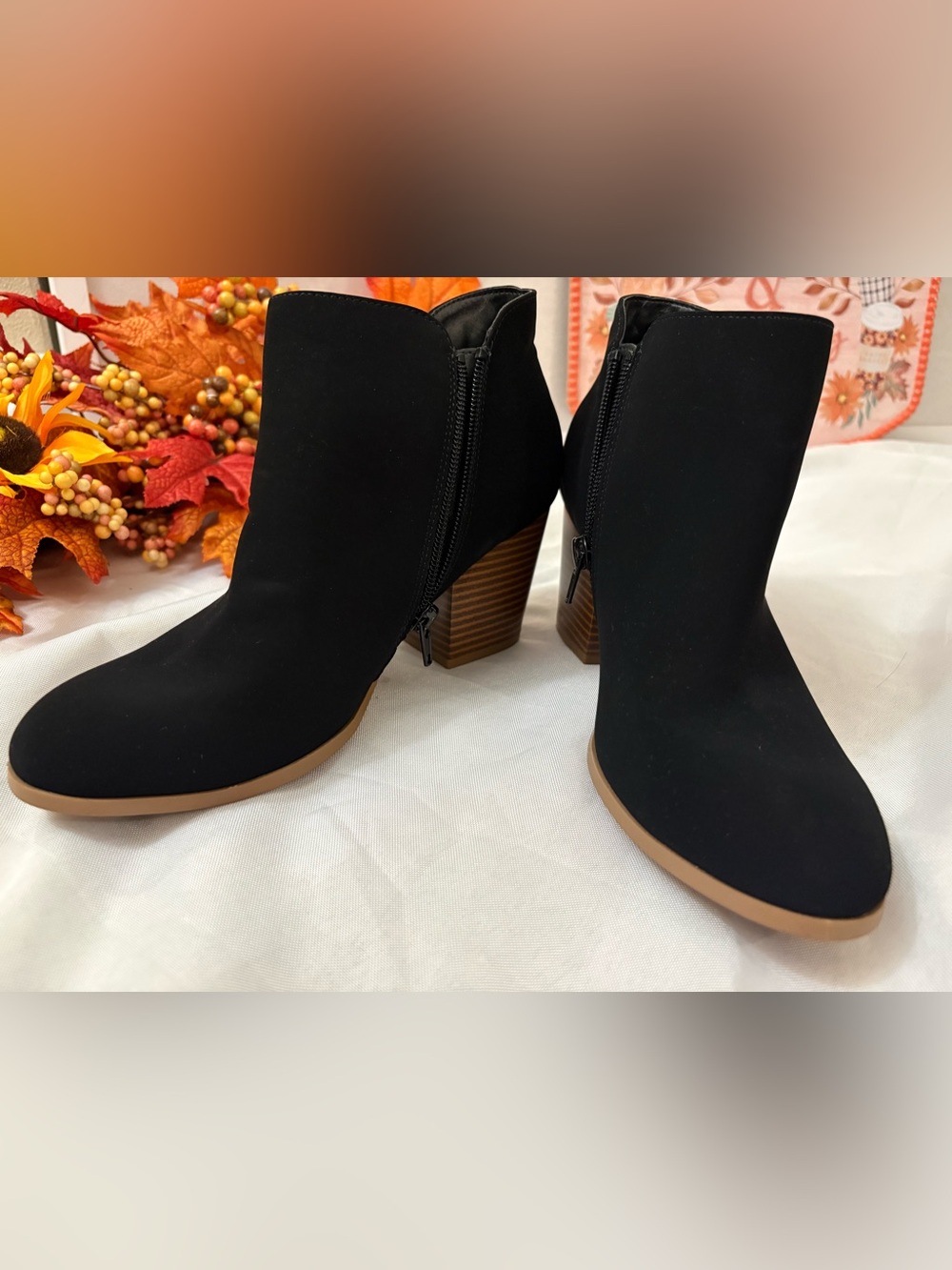 me too Black Suede-Look Ankle Booties with Stacked Brown Heel